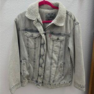 Levi's Gray Denim Jacket with Sherpa Lining and Pink Trim